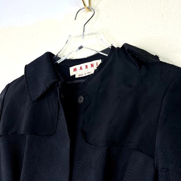 MARNI Brocade Textured Navy Trench Jacket Navy Blue Snap Button Mid Length 40 - Picture 3 of 12